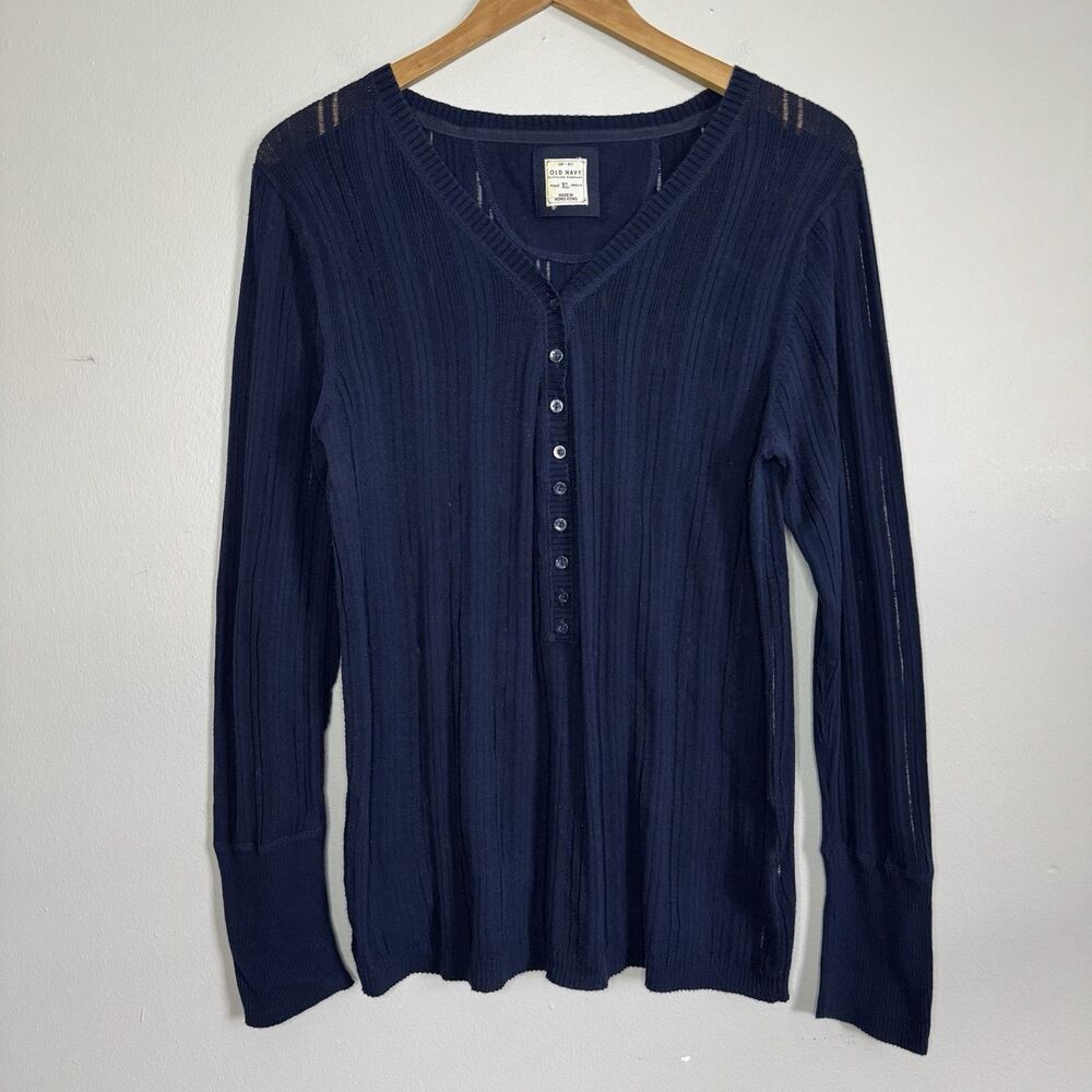 Old Navy Henley Top Womens XL Blue Stretch Ribbed Y2K Bella Swan Cozy Minimalist